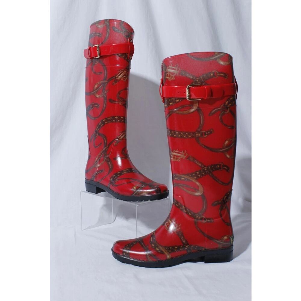 Ralph Lauren Rossalyn Red Buckle Detail Tall Rain Boots sz 5 Rare Equestrian